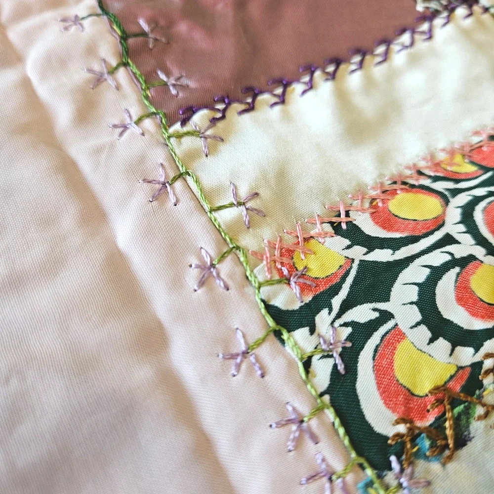 Vintage 40s Handmade Crazy Quilt Top Silk Satin Velvet Embroidered Folk Art Twin